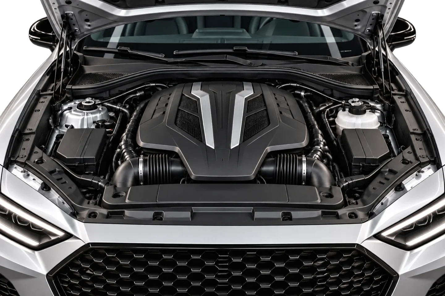Supplied fictional VELUNE engine bay with hood already open; static study.