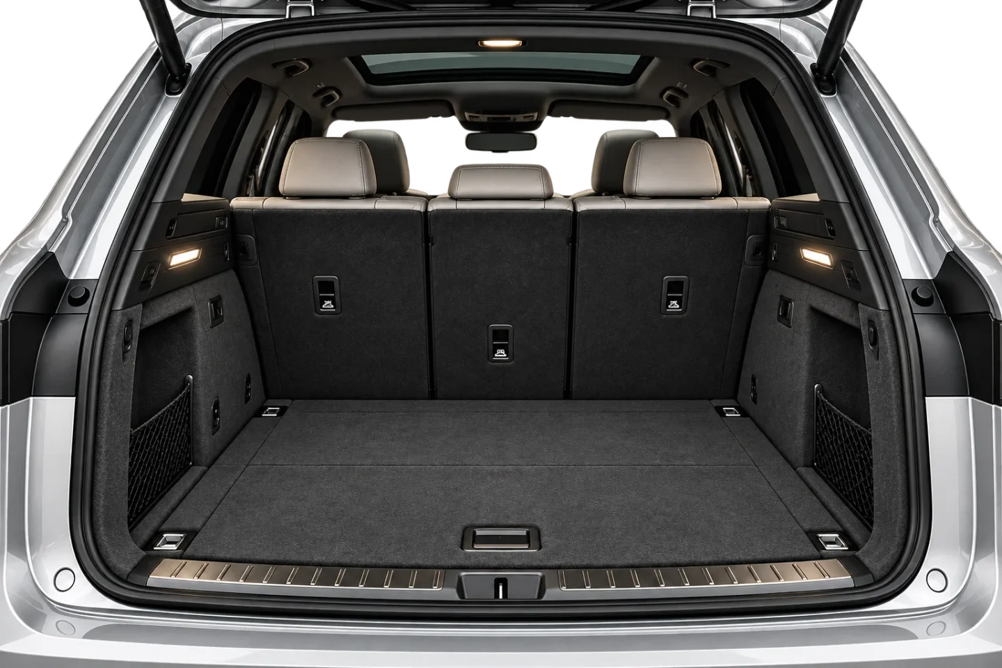 Supplied fictional VELUNE cargo view with trunk already open; static study.